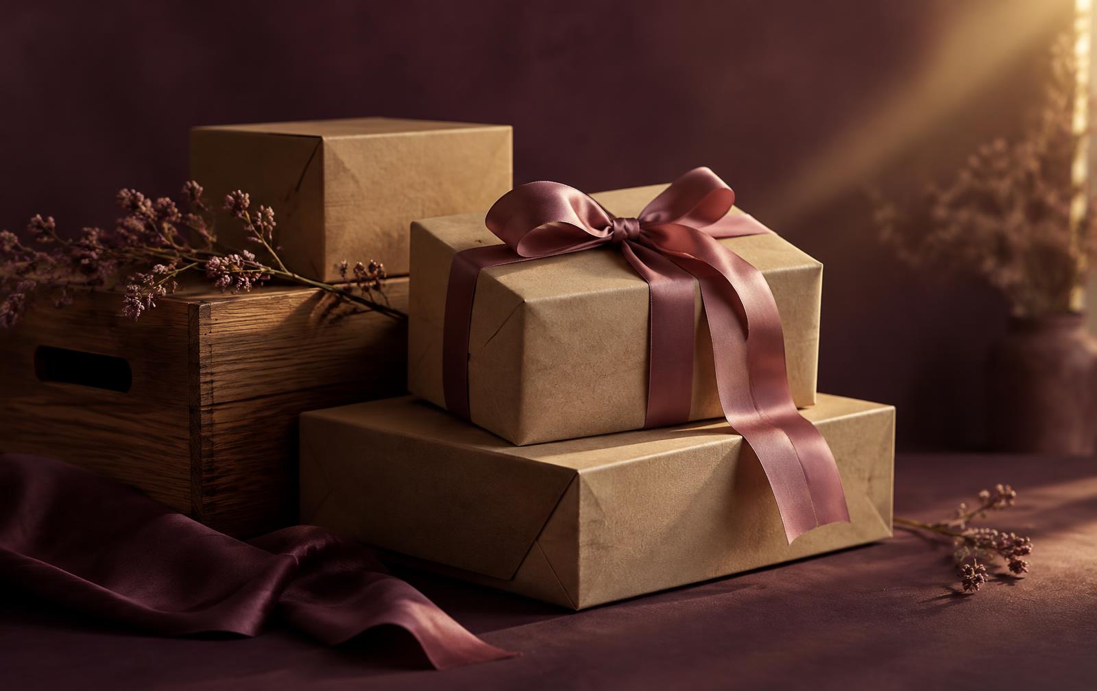 Colis emballés dans du papier kraft noués d'un ruban rose